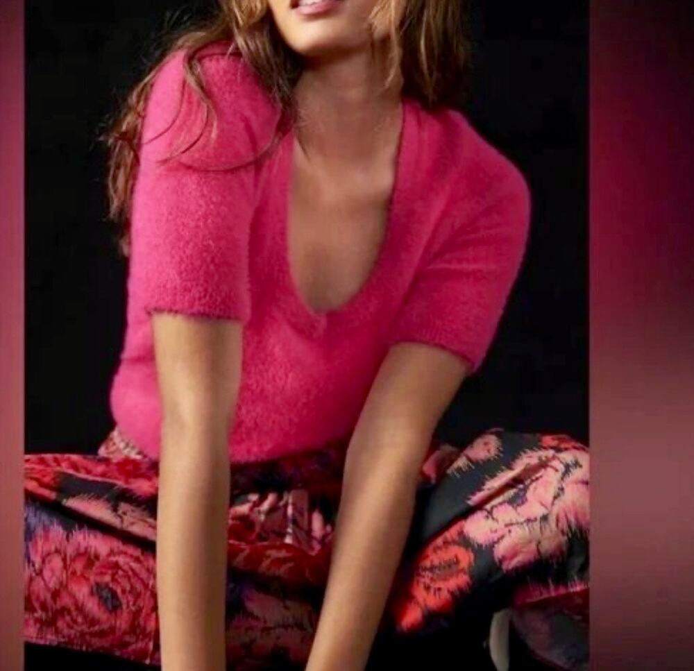 Anthropologie Maeve Scoop Neck Fuzzy Eyelash Sweater Tee Large Rose Hot Pink